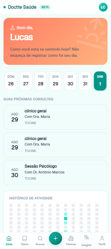 Próximas consultas Tela inicial com próximas consultas e calendário semanal